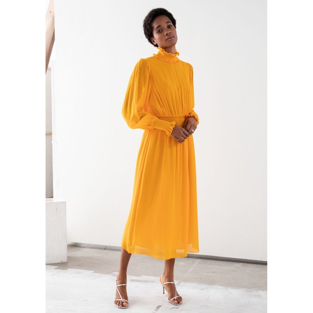 & Other Stories High Neck Ruched Chiffon Midi Dress size 4 Orange Open Back